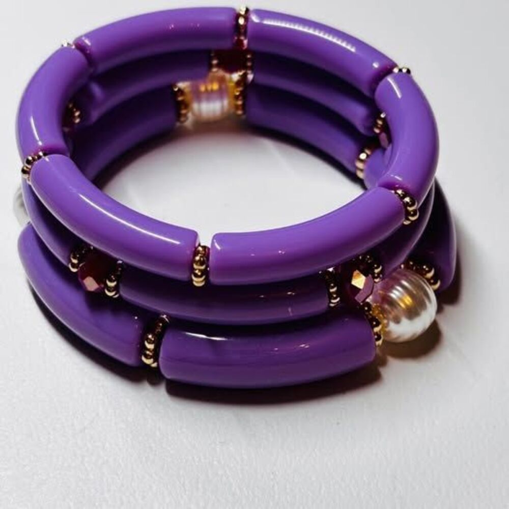 Chunky Purple & Gold Acrylic Bamboo Tube Stretch Bracelet Stack
